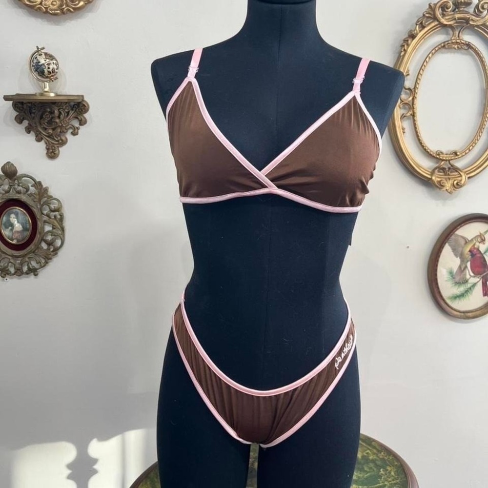 Vintage Y2K Penthouse by Coquette Brown & Pink Microfiber Bikini Lingerie Size M